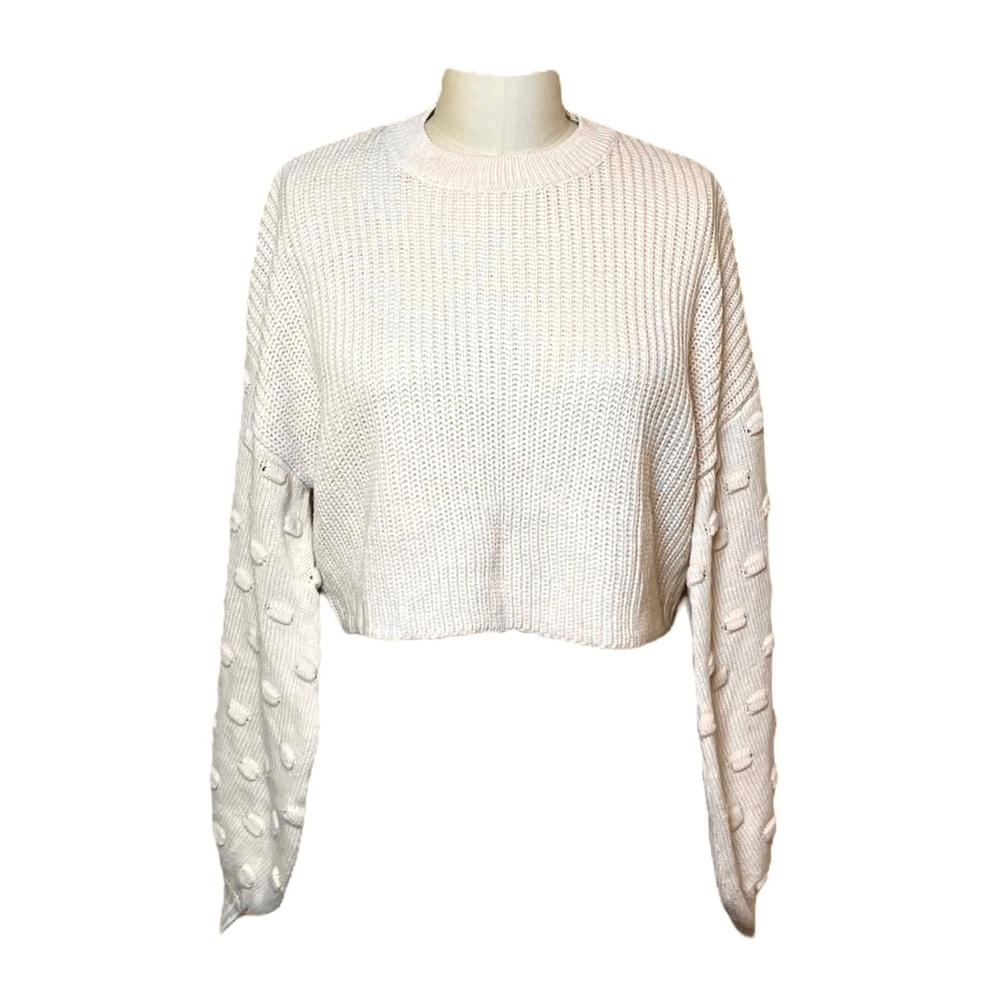Bubble Knit Lantern Sleeve Cropped Sweater Beige S